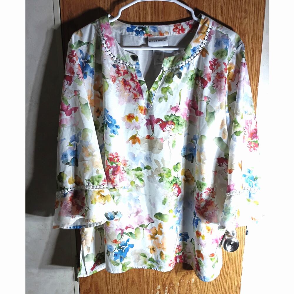 Alfred Dunner Floral Blouse Cottagecore Romantic Sheer Trim Feminine Top Large